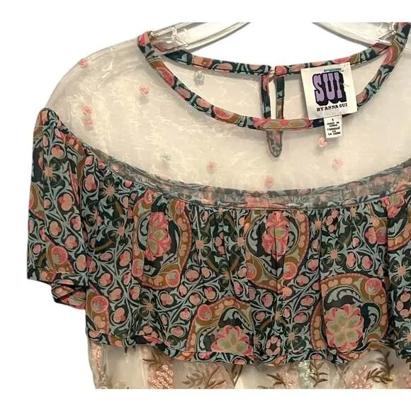SUI by Anna Sui Sheer Embroidered Flounce Top Womens Small Floral Prairie Blouse